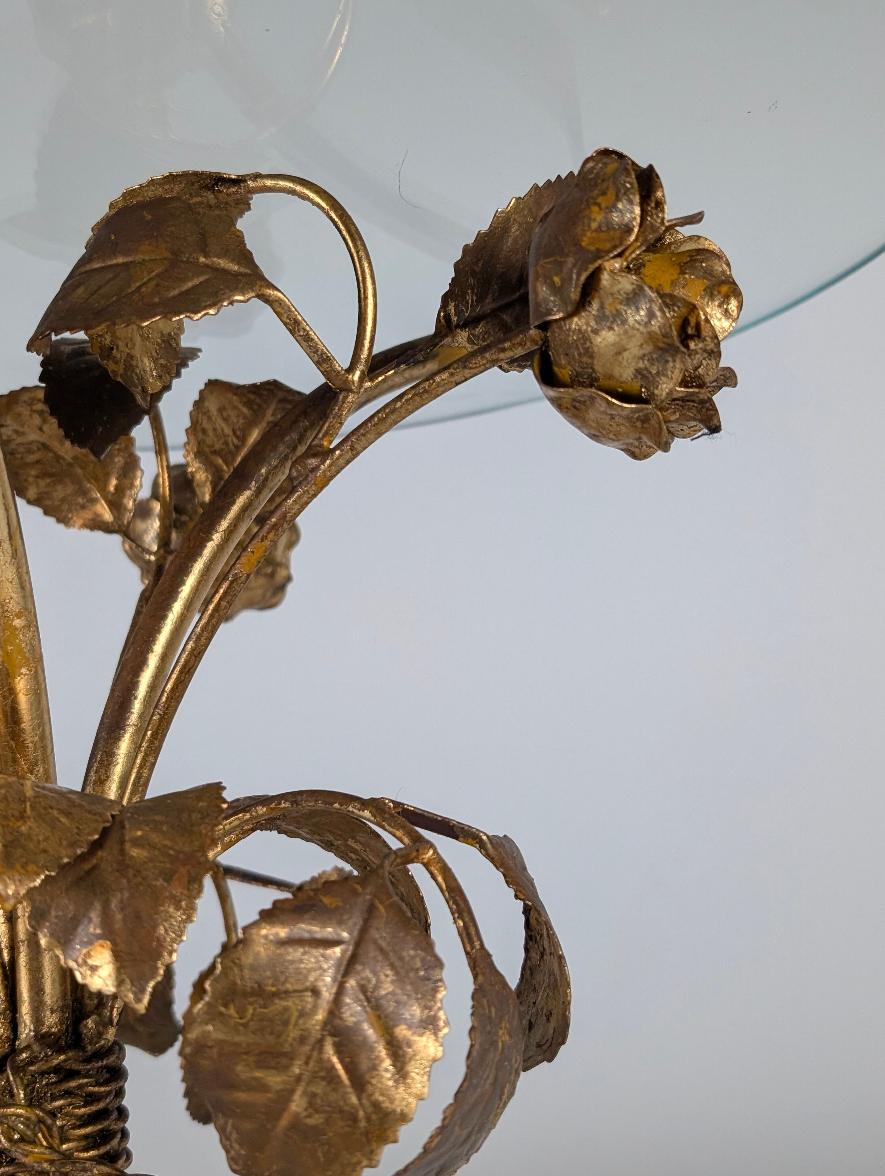 Mid-century side table in gilded metal with roses and glass top, 1970s