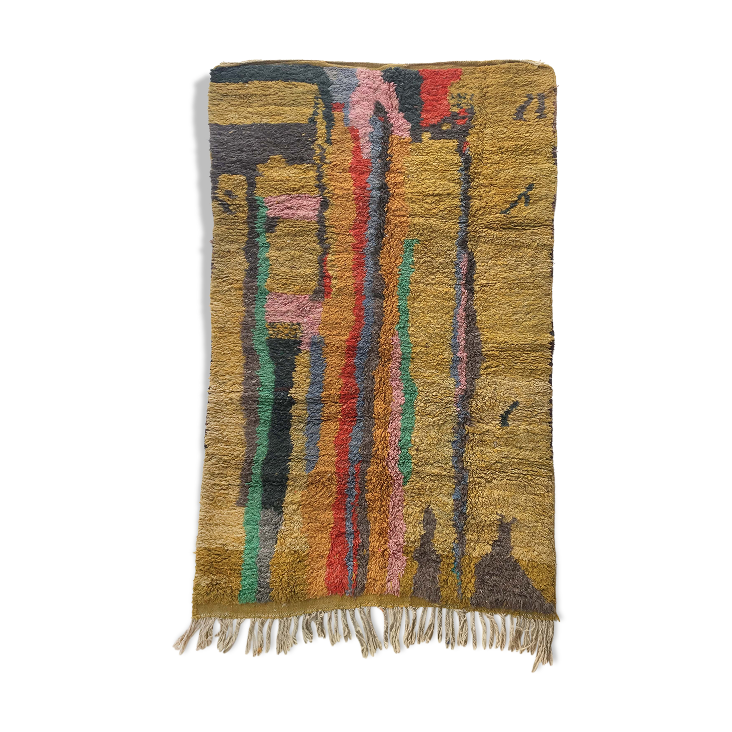 Moroccan Berber carpet Boujaad ochre with colorful patterns 253x142cm