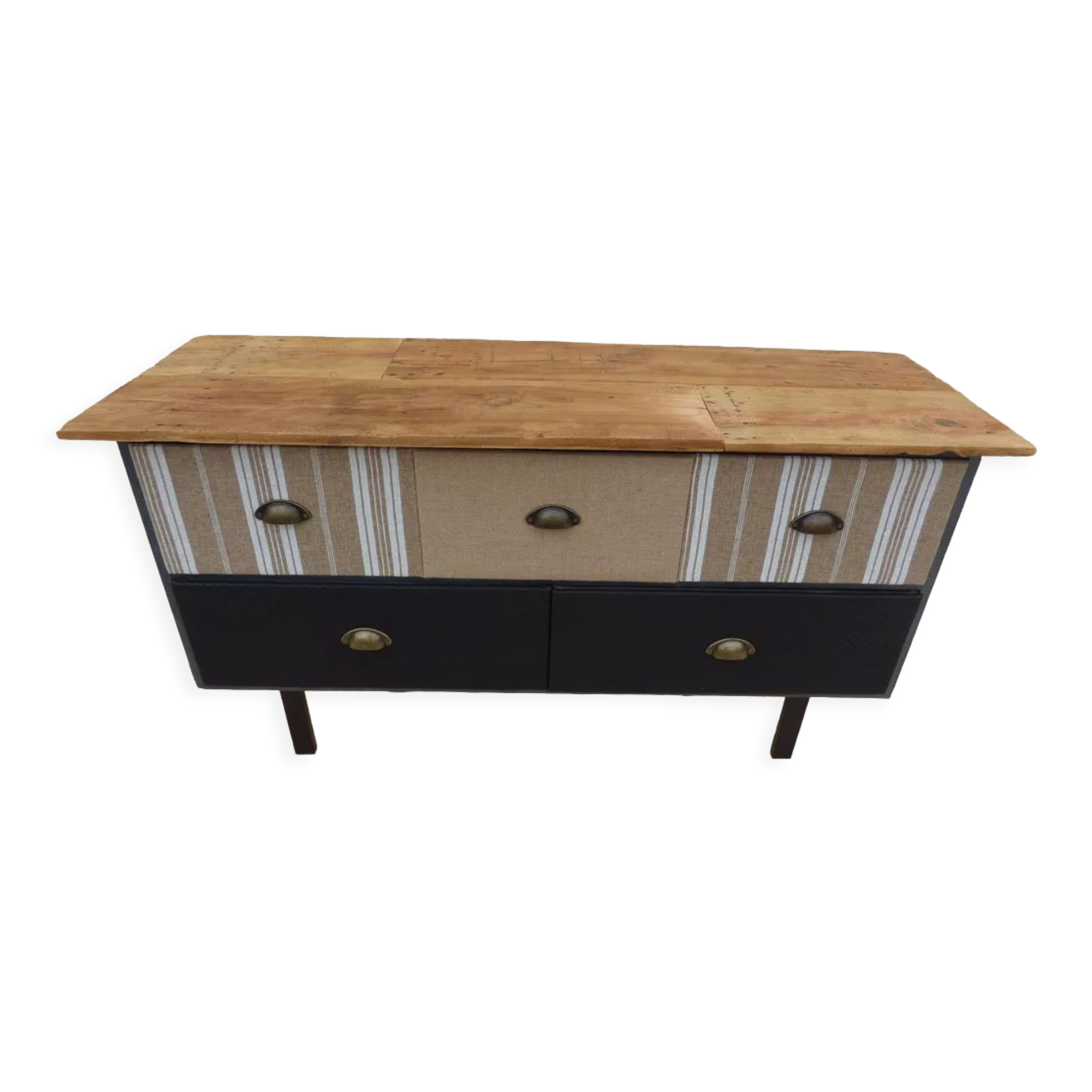 Console with raw wood top and 5 drawers in burlap and imitation leather