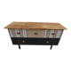 Console with raw wood top and 5 drawers in burlap and imitation leather