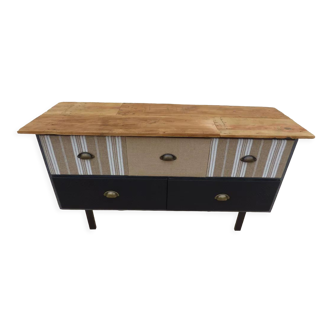 Console with raw wood top and 5 drawers in burlap and imitation leather