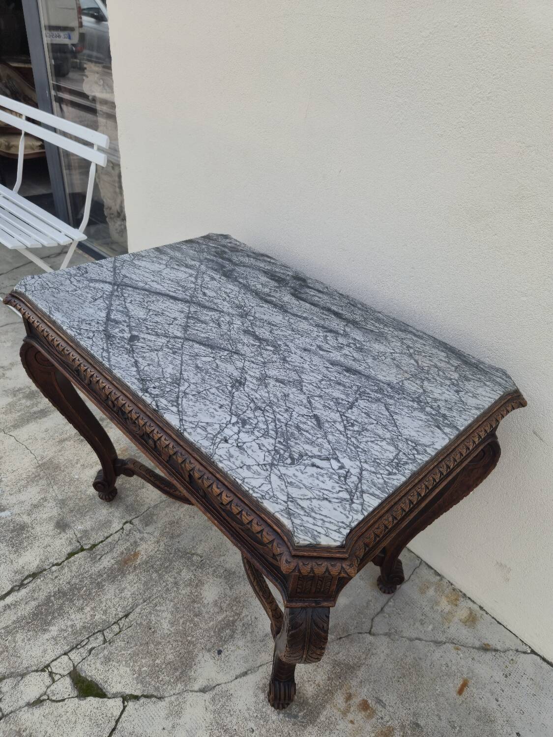 Louis XV style game table in solid oak and richly decorated marble