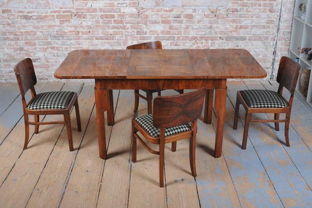 Art Deco Extendable Dining Table in Beech, Spruce and Walnut, Czech, 1930s