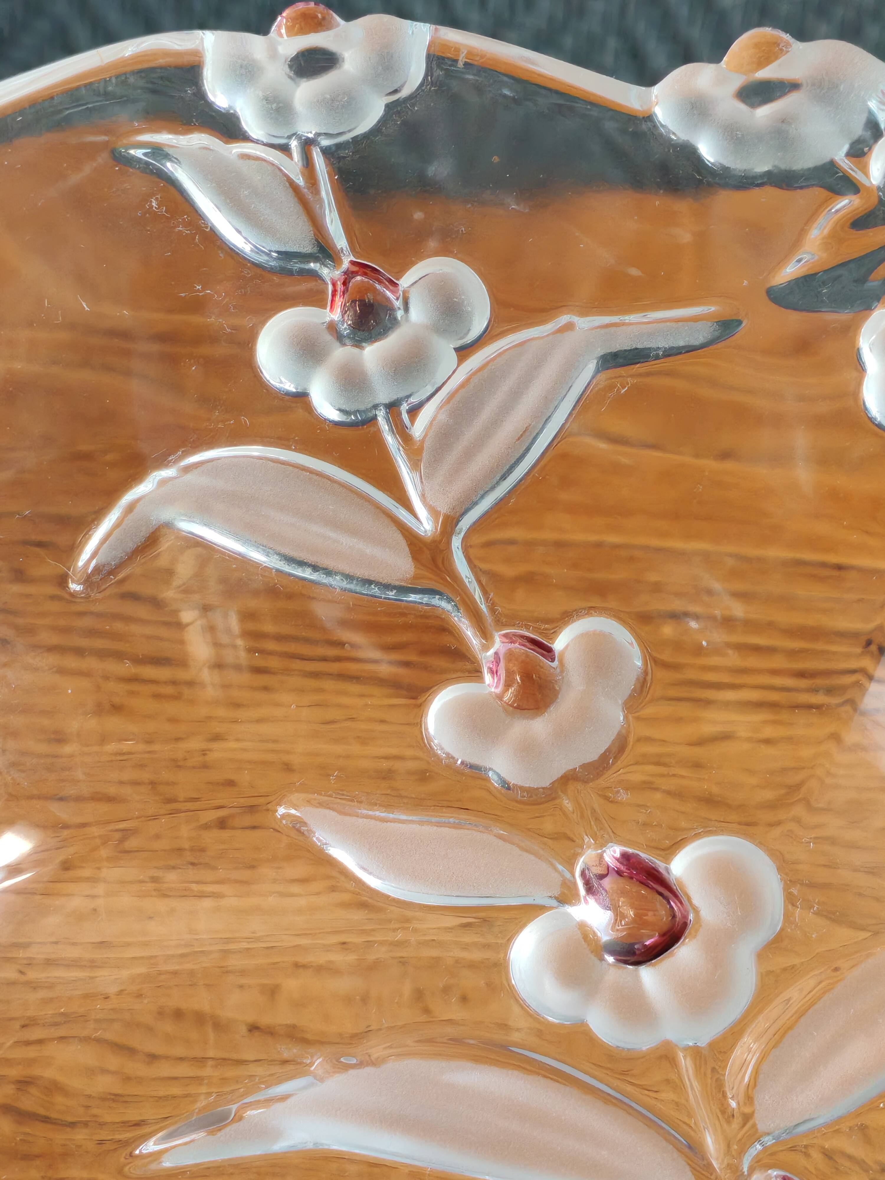 Vintage Frosted Glass Footed Bowl – Relief Decor of Pink Flowers