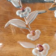 Vintage Frosted Glass Footed Bowl – Relief Decor of Pink Flowers