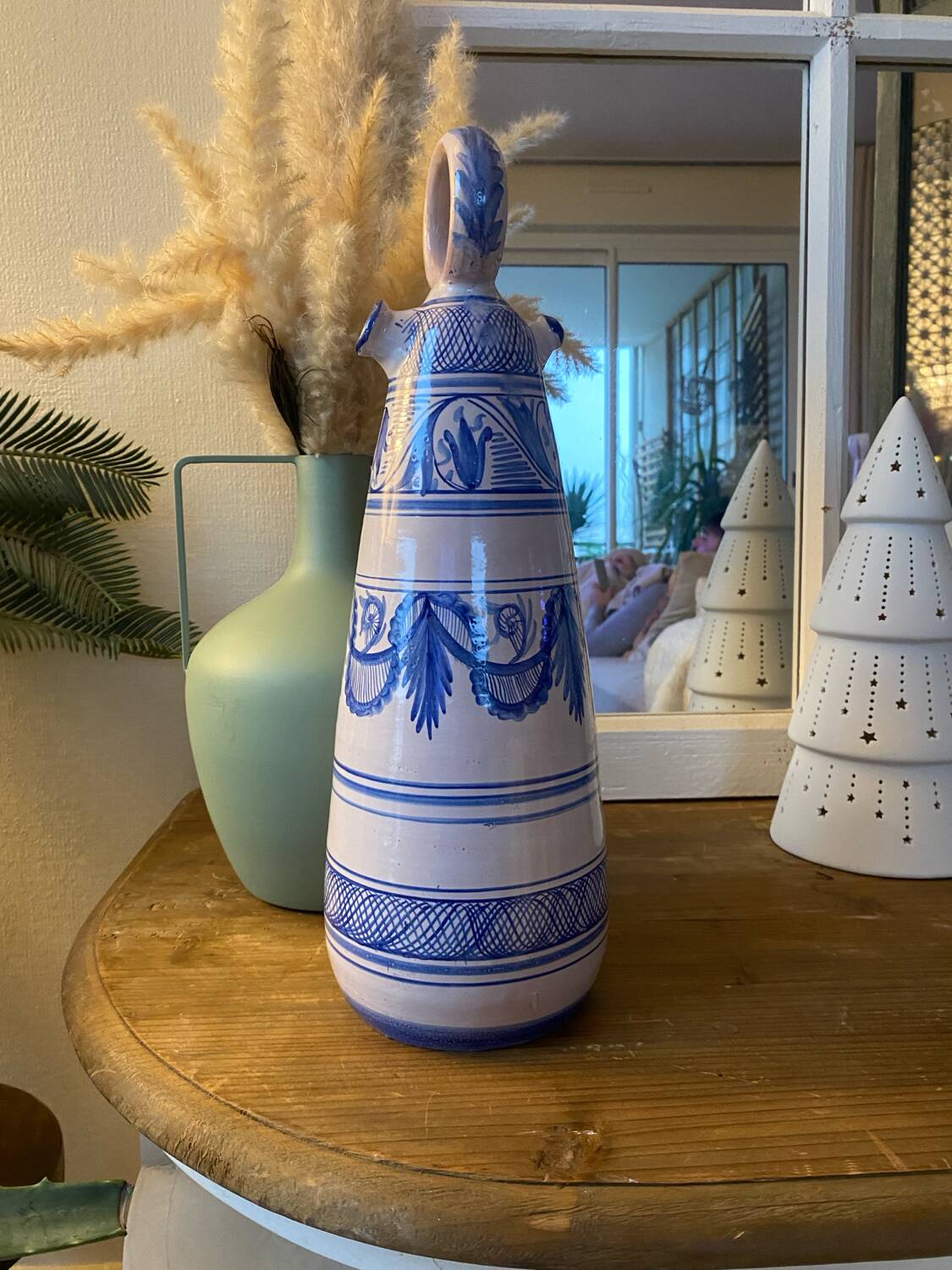 Vintage Spanish Hand Painted Glazed Ceramic Vase / Water Jug