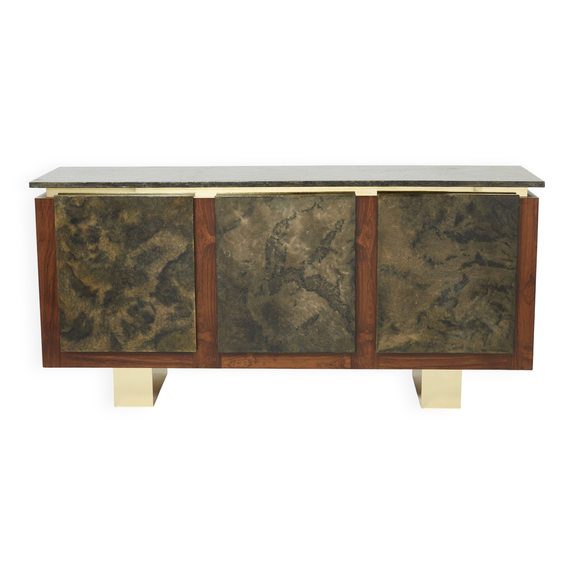 Brutalist Belgian enfilade in rosewood, resin, and brass from around 1970.