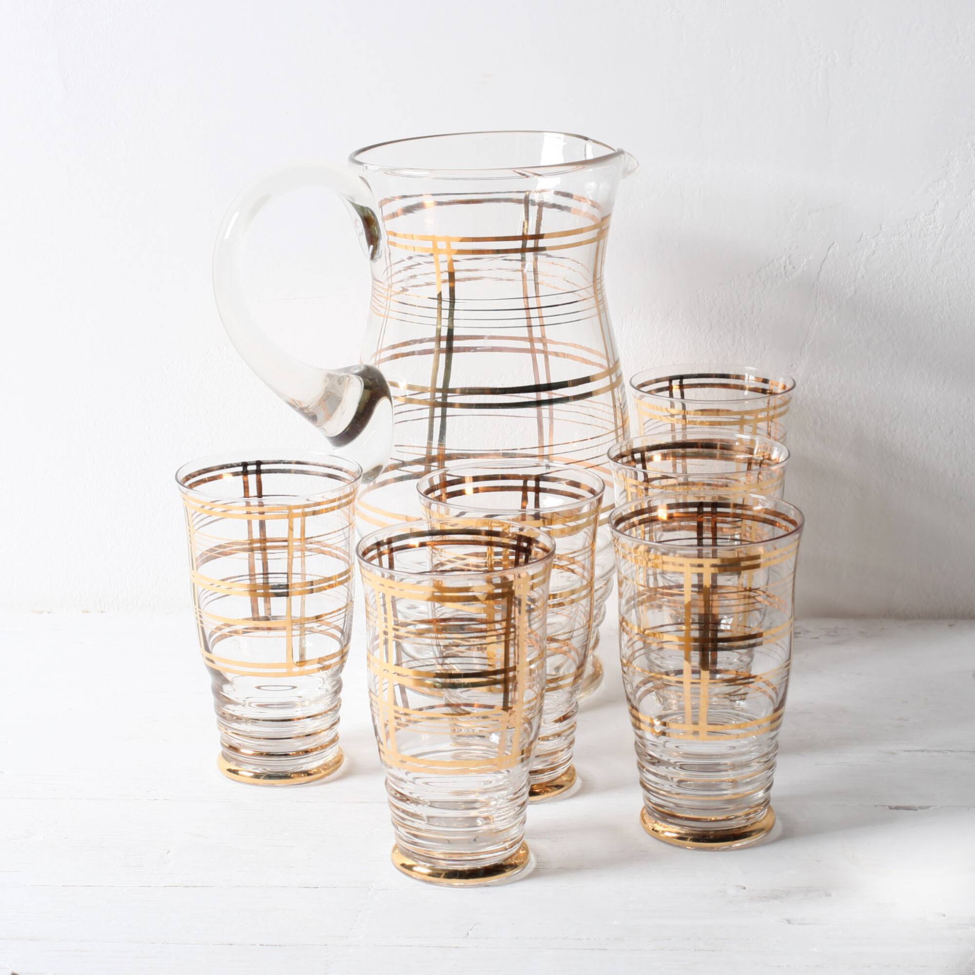 Mid-Century Italian Glass Pitcher & Six Glasses with Golden Details / Italy