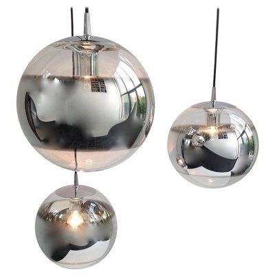 Set of 3 Mirror Glass Globe Suspension Lamps, 1960s