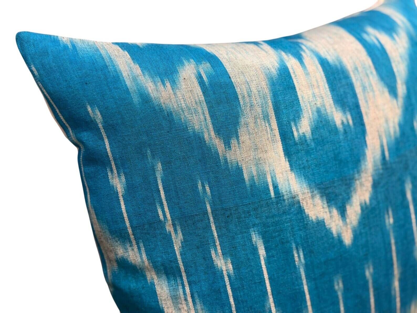 Silk Ikat Square Cushion Cover, Sky Blue Vintage Abraj, Handwoven, 16x16