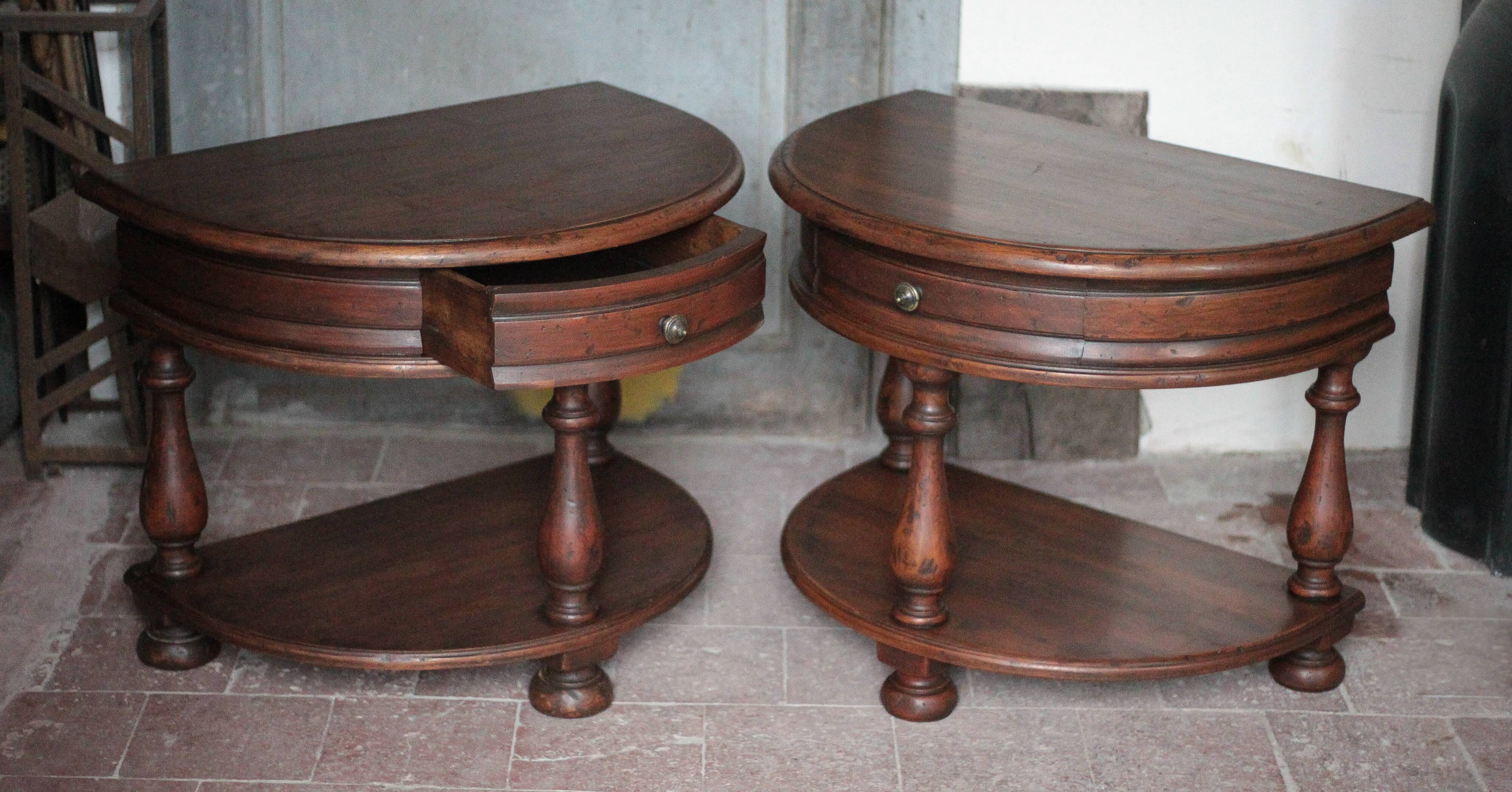Pair of rounded wooden bedside tables, bedside table, end table.