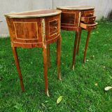 half-moon bedside pair in marquetry, bronze ornaments