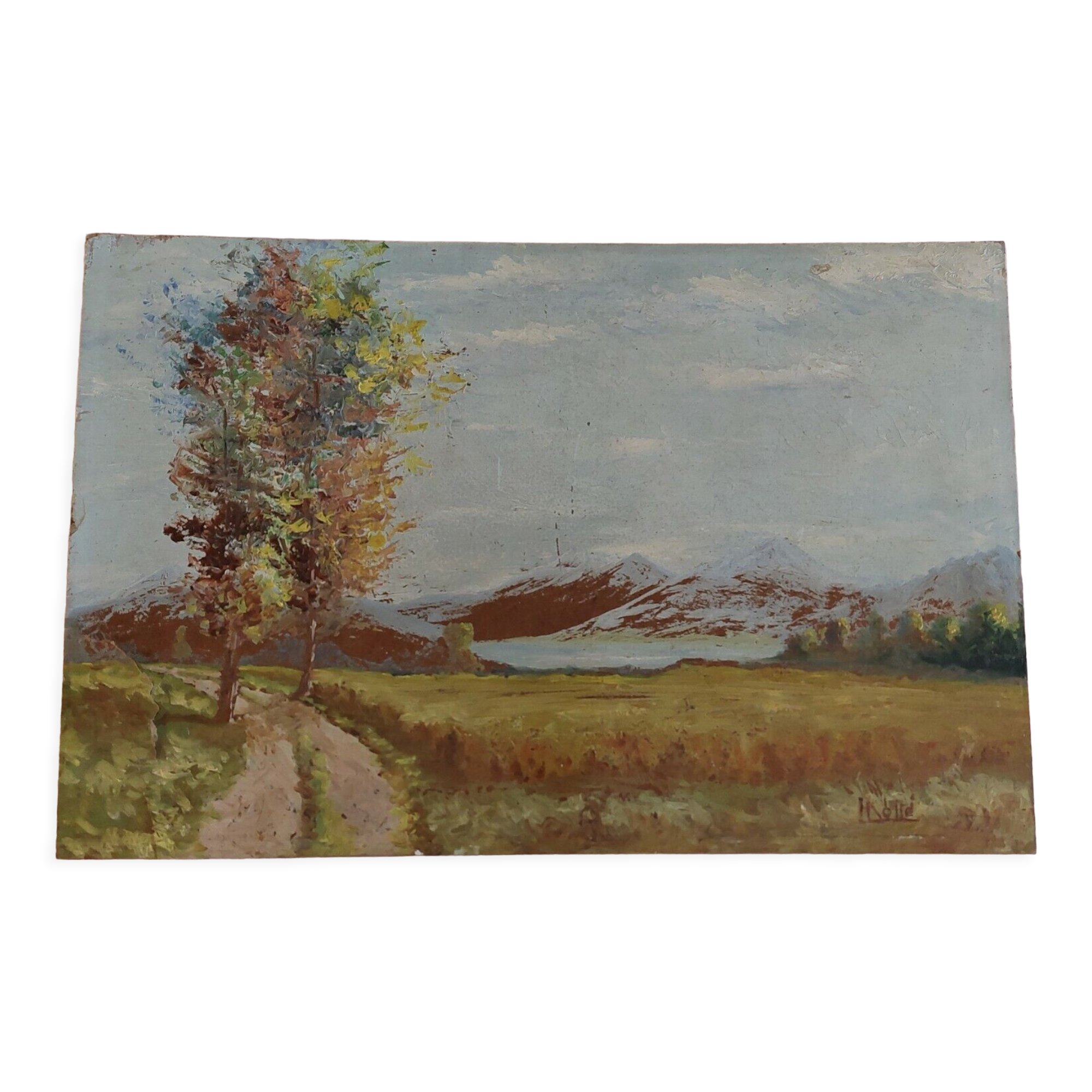 Painting oil on panel landscape mountains signed