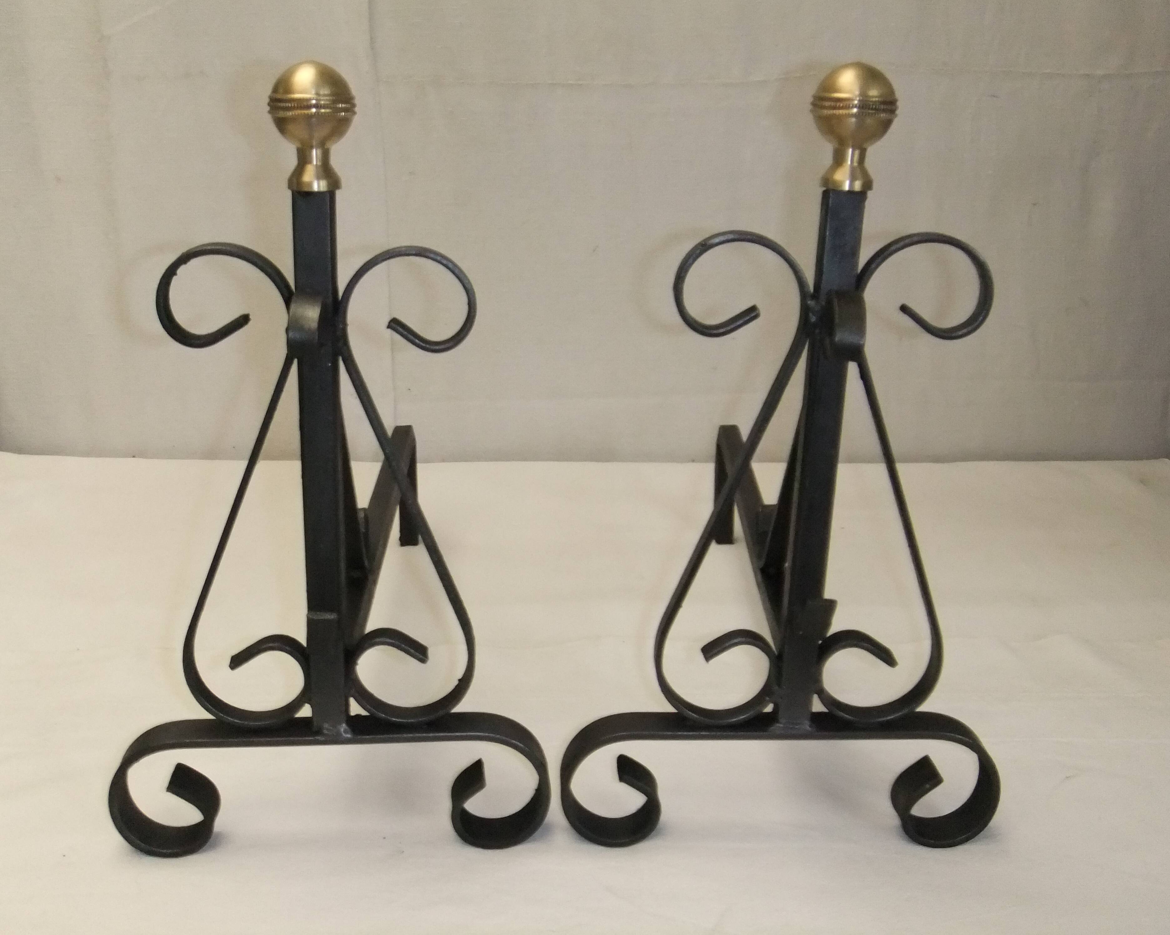 Antique pair of cast iron andirons wrought iron and bronze fireplace accessory