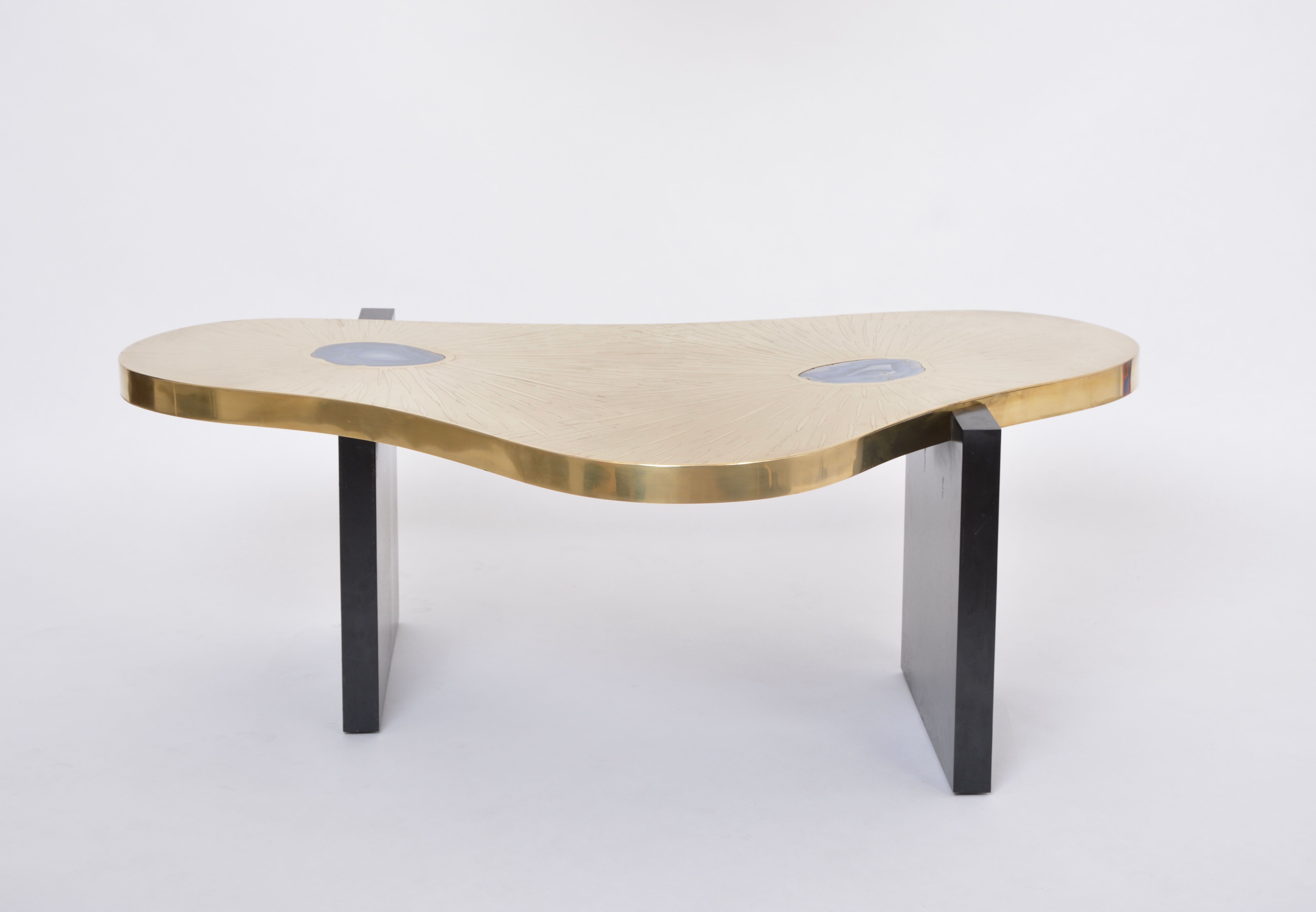 Etched Brass coffee table with Agathe Stones in the style of Lova Creation