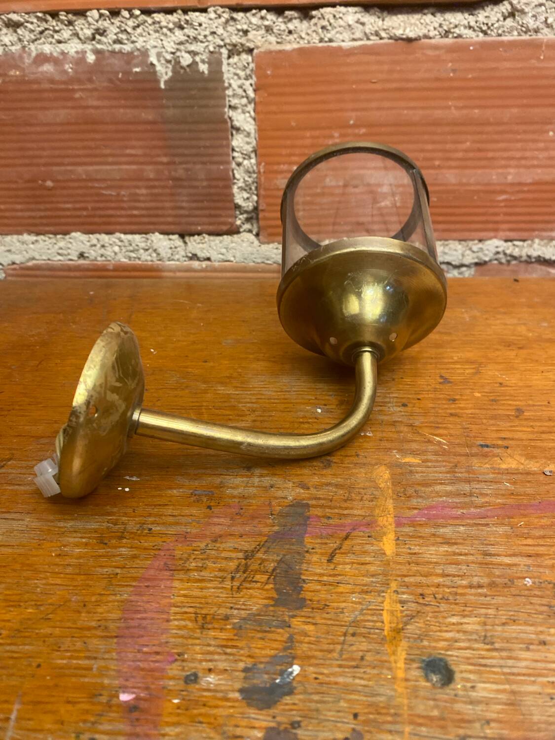 Antique Wall Lamp Lantern Gold Metal + Vintage Glass Cylinder #C528