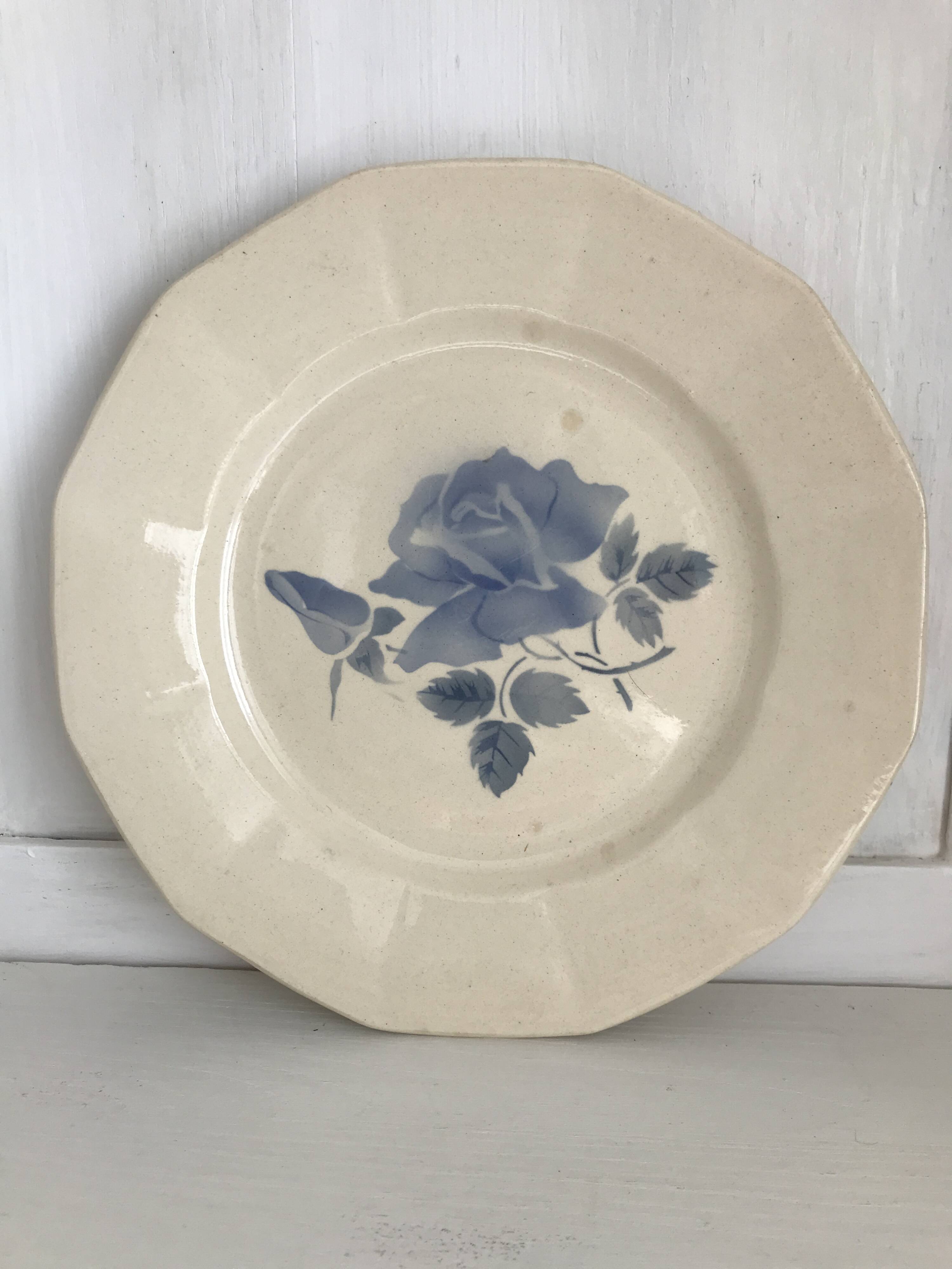 Set of 11 Digoin flat plates, blue rose patterns