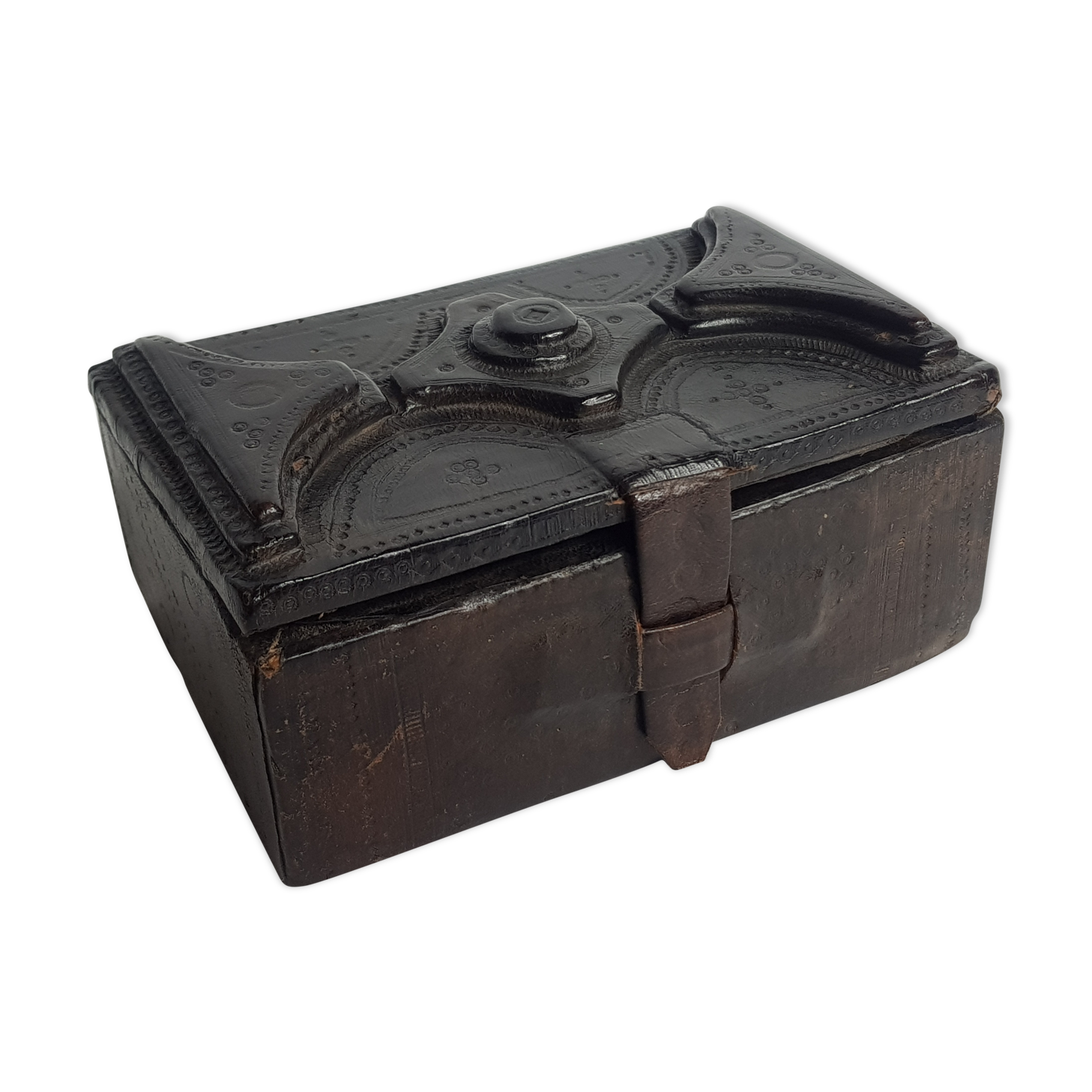 Touareg jewelry box in wood and leather pushed back 13.5 cm
