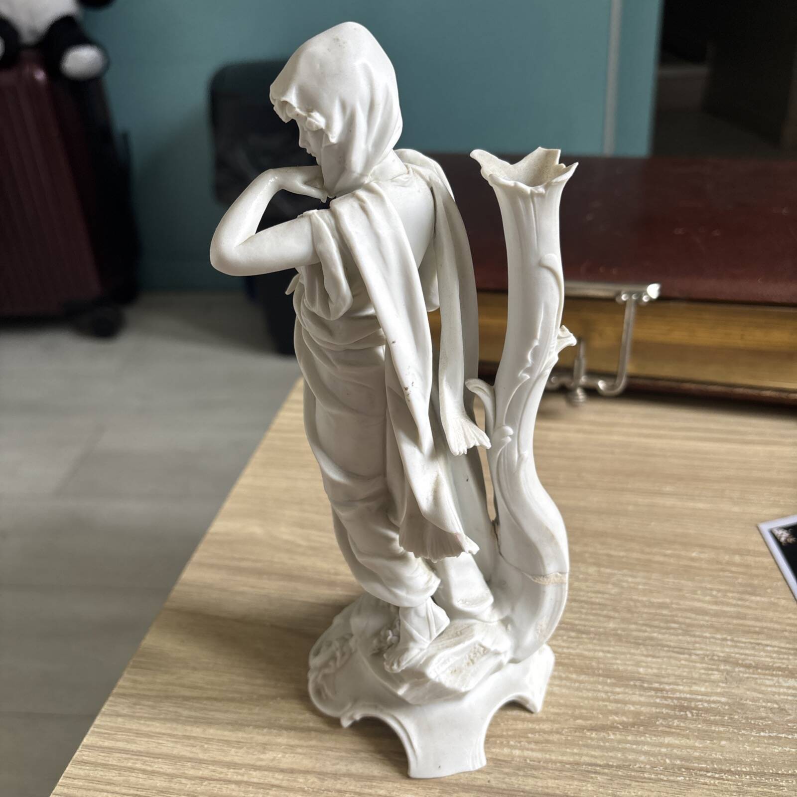 Biscuit Porcelain Flower Vase Statue Volkstedt Art Nouveau Lady, c. 1900