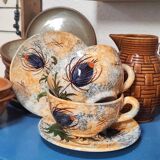 Aegitna Vallauris Hand Painted Enameled Ceramic Cups and Plates/Saucers with Thistle Motifs