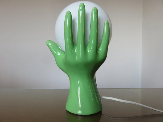 Hand green ceramic lamp and opaline white years 70