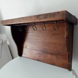 Antique wall shelf in solid chestnut with butcher's hooks