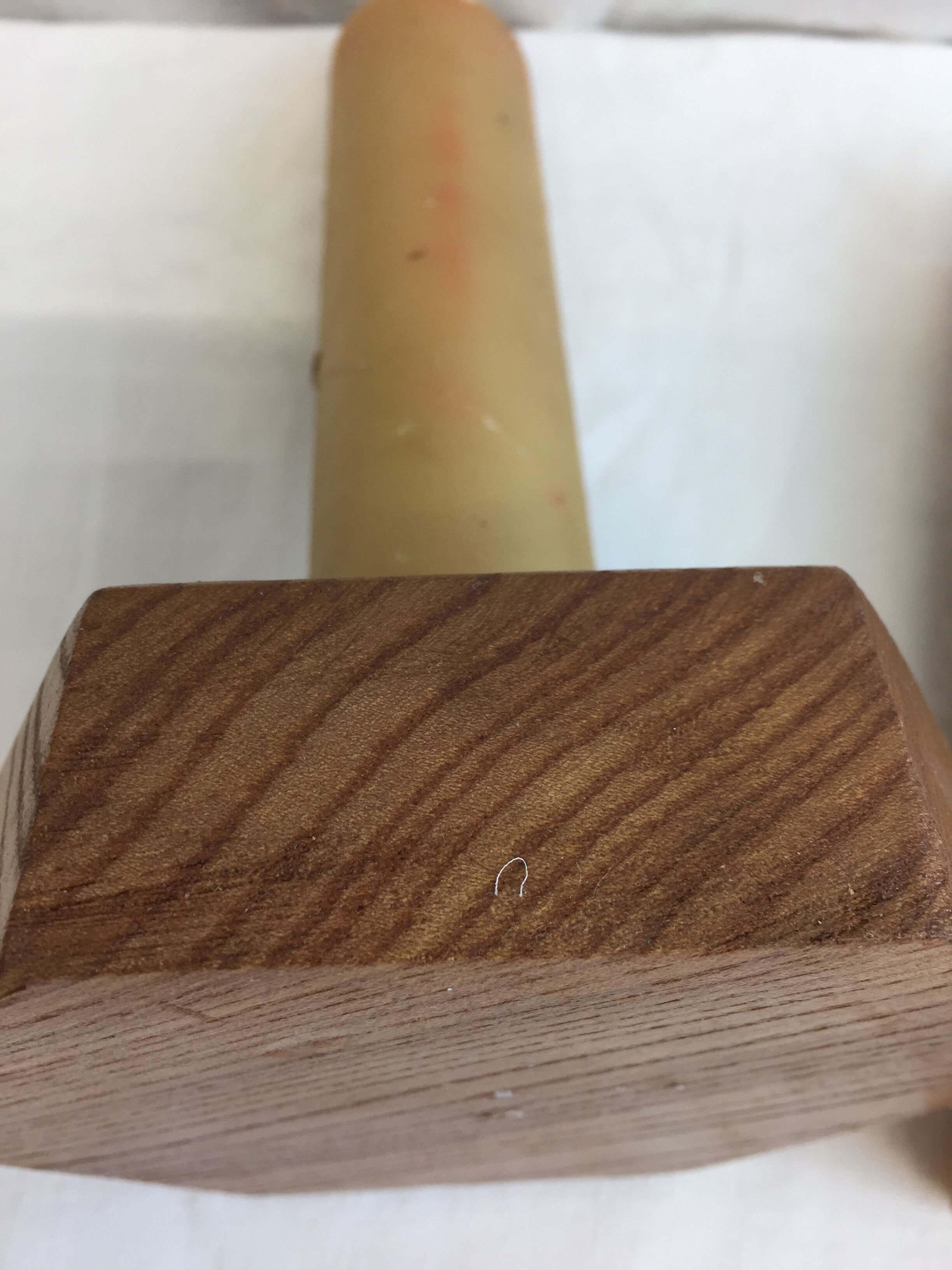 Handmade natural wood candle holder, hexagonal shape and its 3 old beeswax candles.