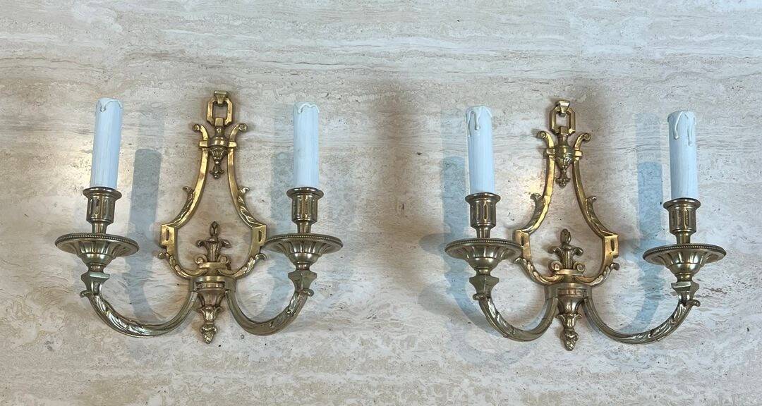 Pair of Bronze Wall Lights in Louis XVI Style by Lucien Gau