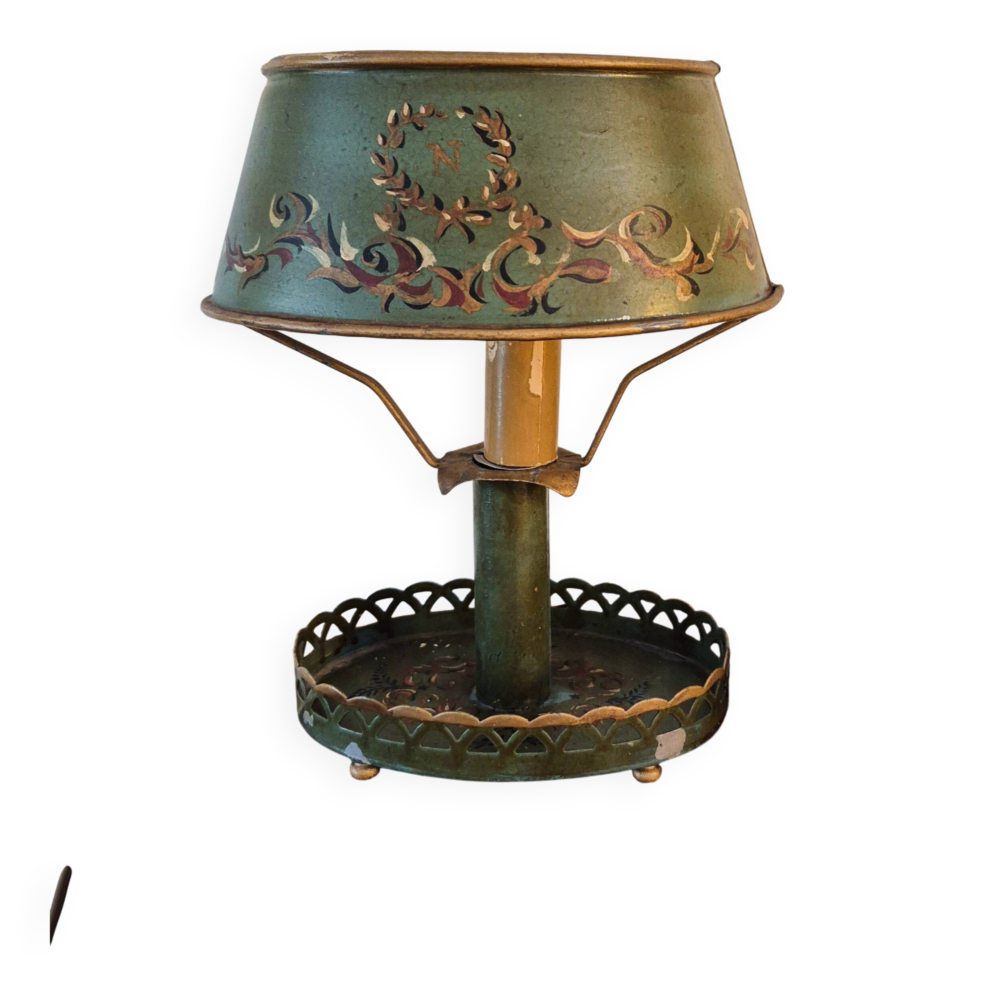 Metal bouillotte lamp, Empire style, green metal shade.