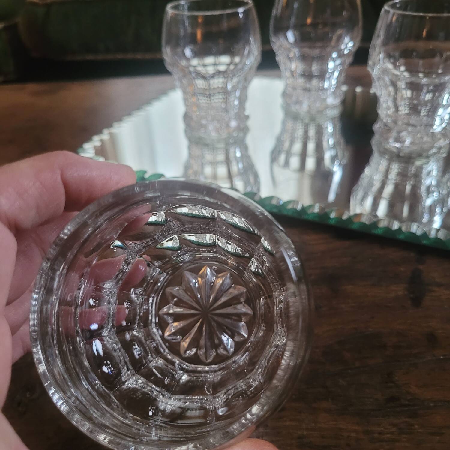 Set of 10 faceted glasses, pressed-molded glass, circa 1950–1960