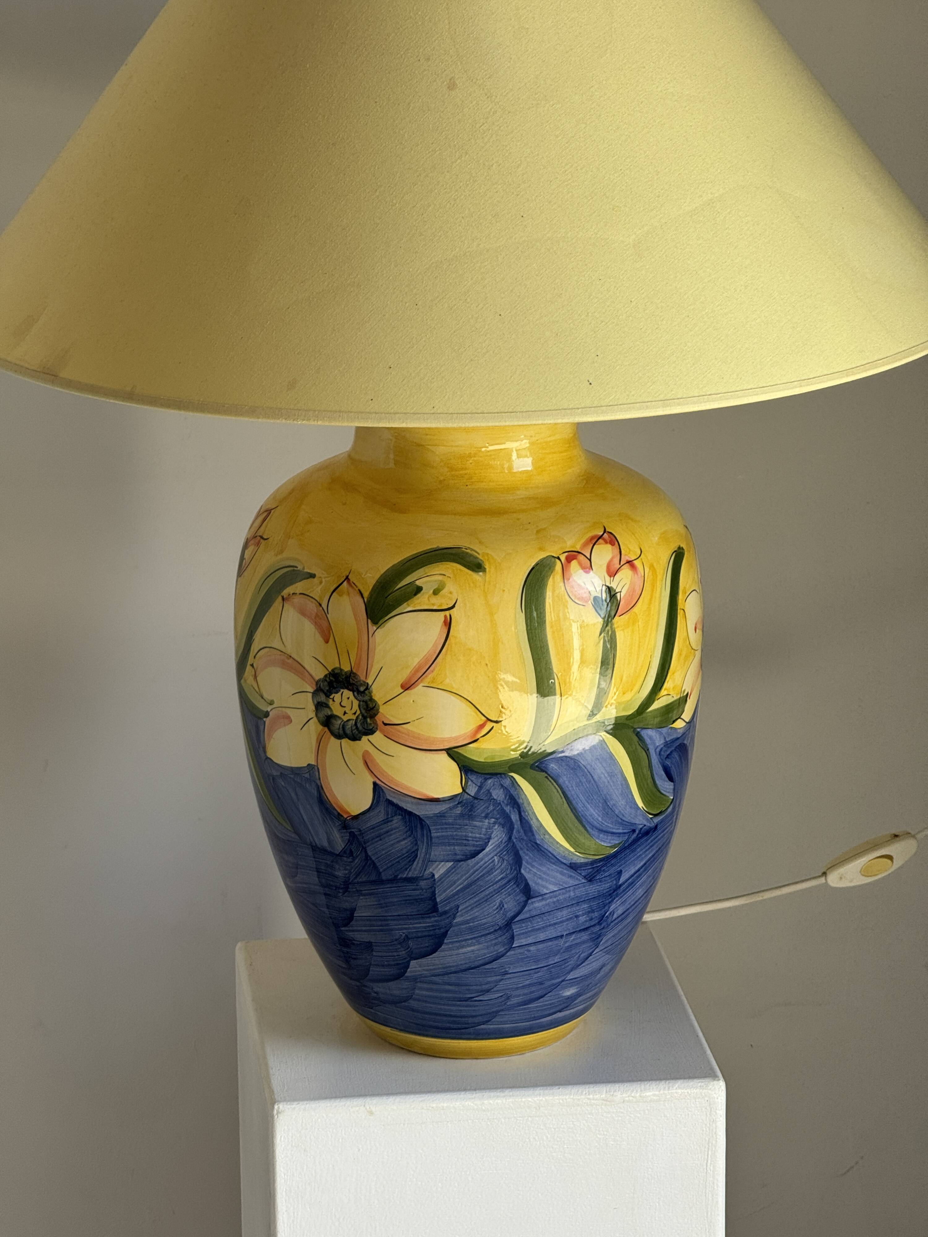 Large blue and yellow lamp with floral patterns H60