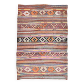 Rare Kilim Vintage Multicolore, Rayures Ethniques Fait Main, 182x268 Cm