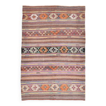 Rare Kilim Vintage Multicolore, Rayures Ethniques Fait Main, 182x268 Cm