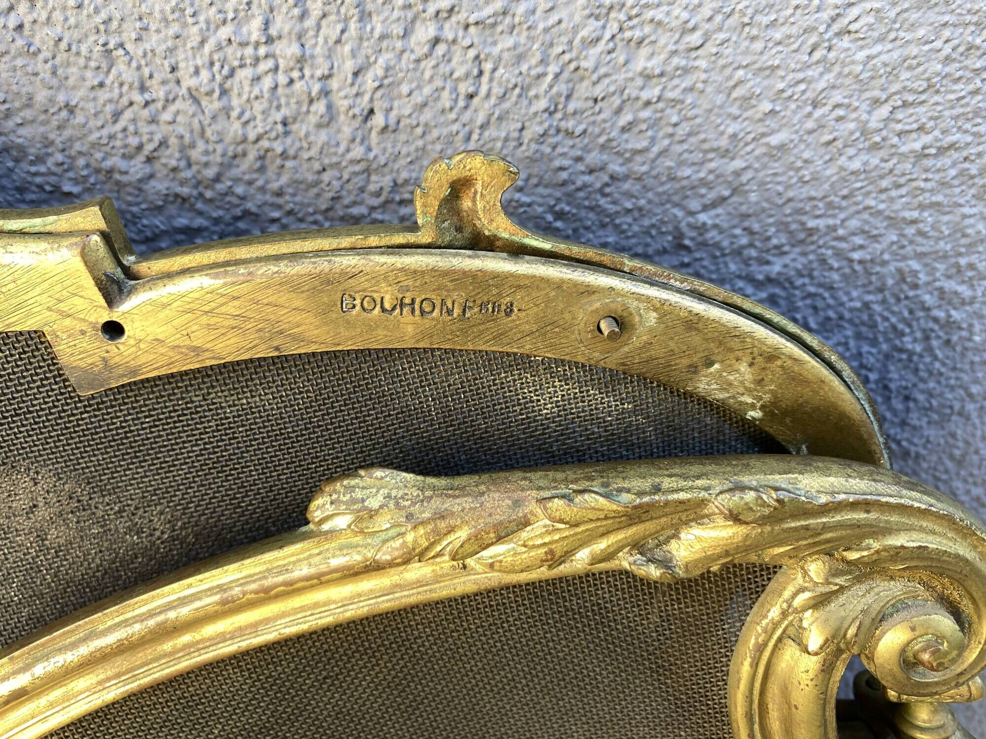 19th century fireplace fire guard by Bouhon Frères in bronze, French spark guard 1880