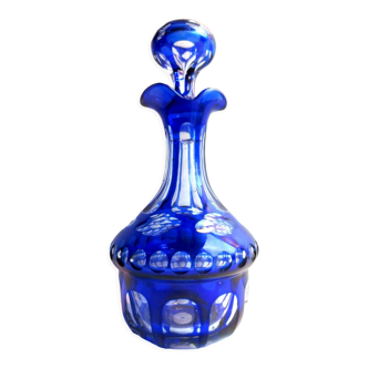 Carafe flacon cristal taillé double couche bleu cobalt et blanc, Saint Louis, Baccarat