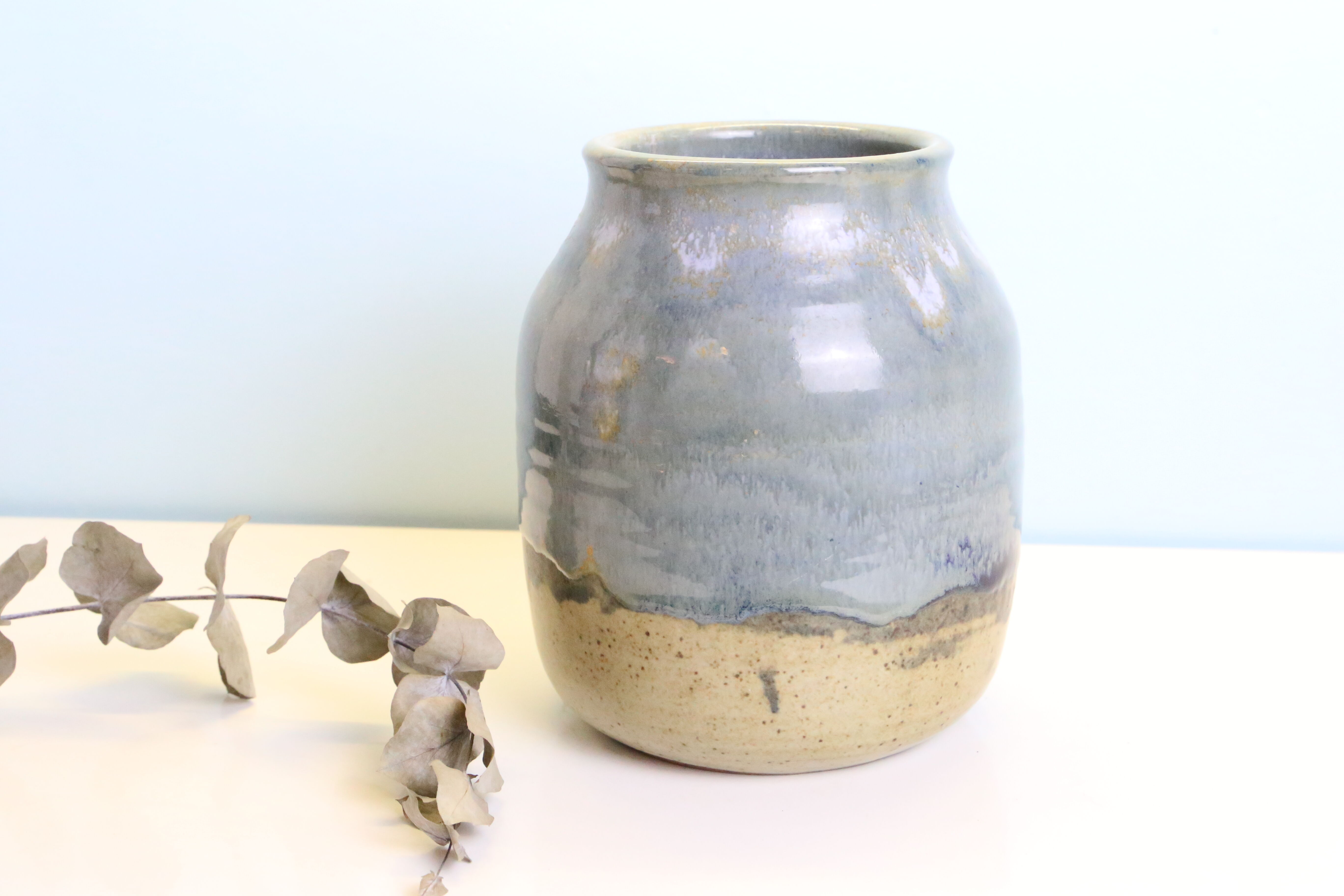 Large enamelled stoneware pot, Taizé pottery, blue and beige, vintage