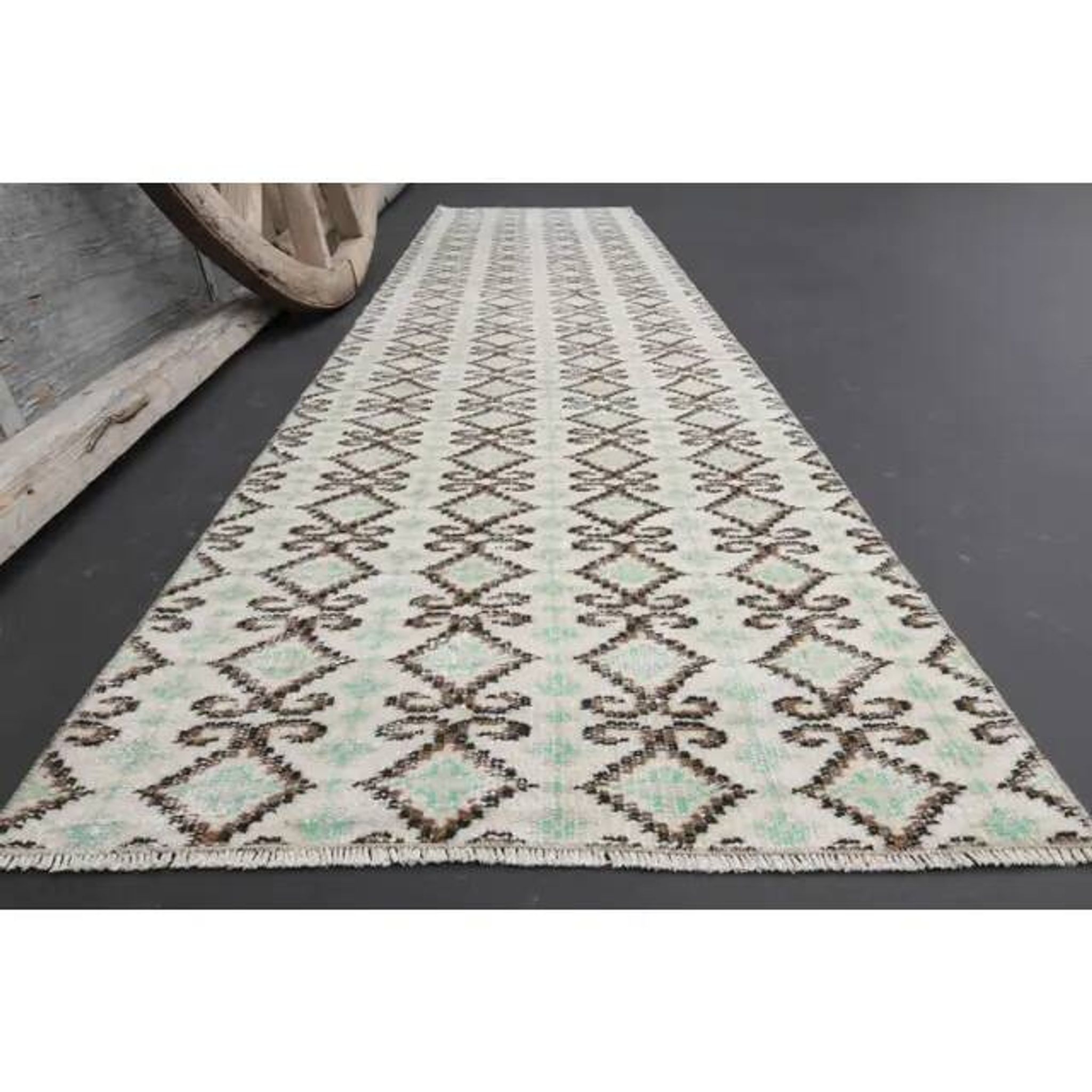 1970s Turkish Hand-Knotted Wool Cotton Beige Runner Rug 70x262