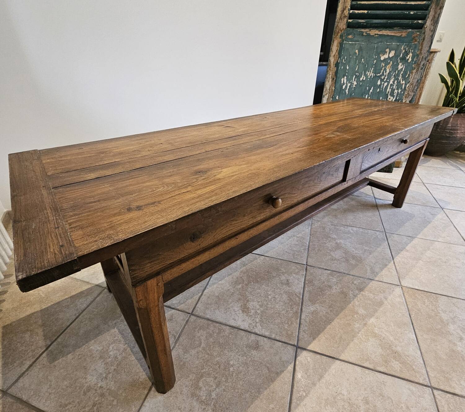 Farm table, solid oak console, late 18th to early 19th century.