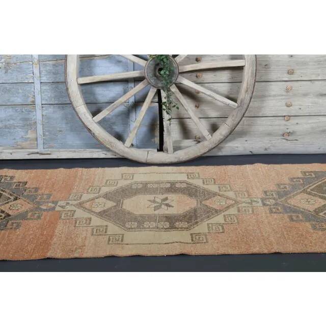 1970s Vintage Turkish Oushak Handmade Wool Cotton Orange Runner Rug 95x374