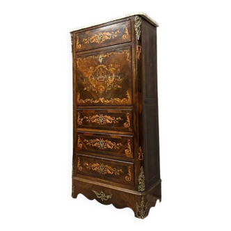Lady's secretary in marquetry of noble woods depicting floral scrolls and a vase