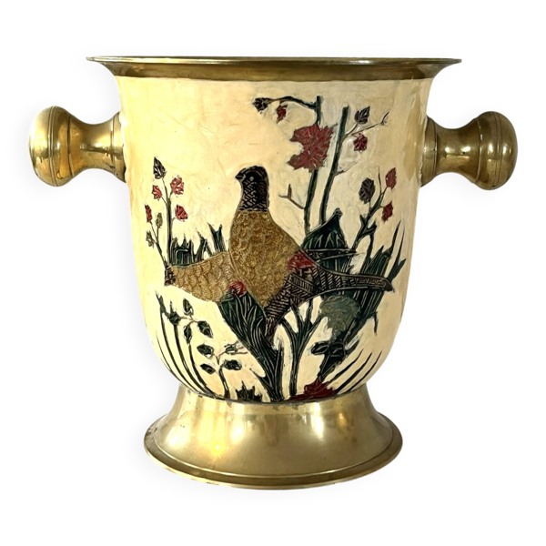 Seau à glace Cloisonné, vintage français en émail pêche avec motif floral de faisan.