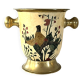 Seau à glace Cloisonné, vintage français en émail pêche avec motif floral de faisan.