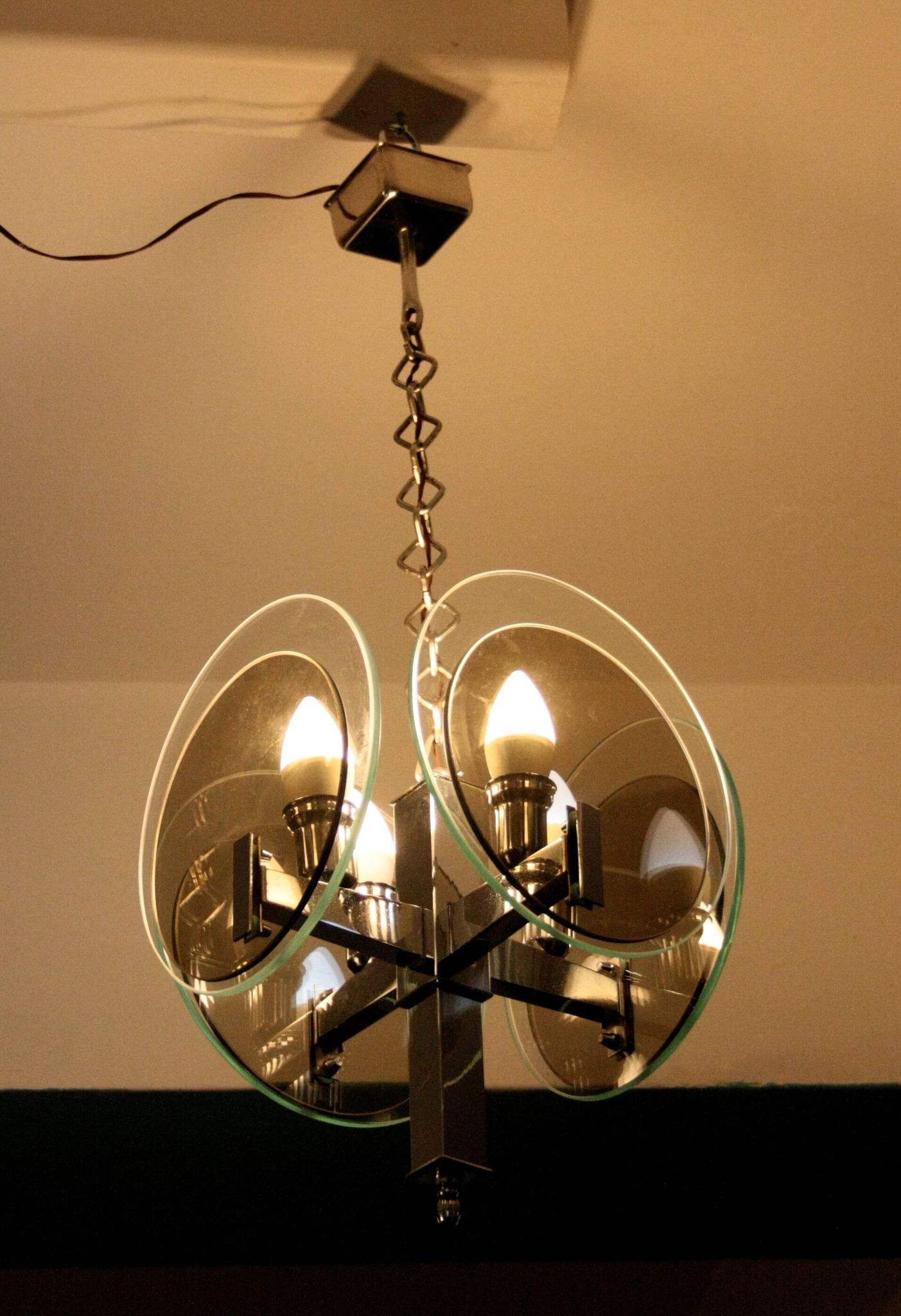 Vintage Art Deco chandelier in chrome metal and glass, Italy, 1970s
