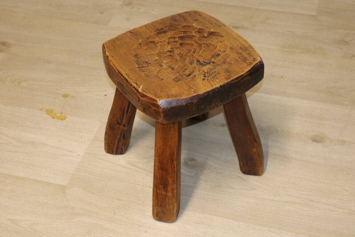 Vintage brutalist low stool in solid ash, 1960s