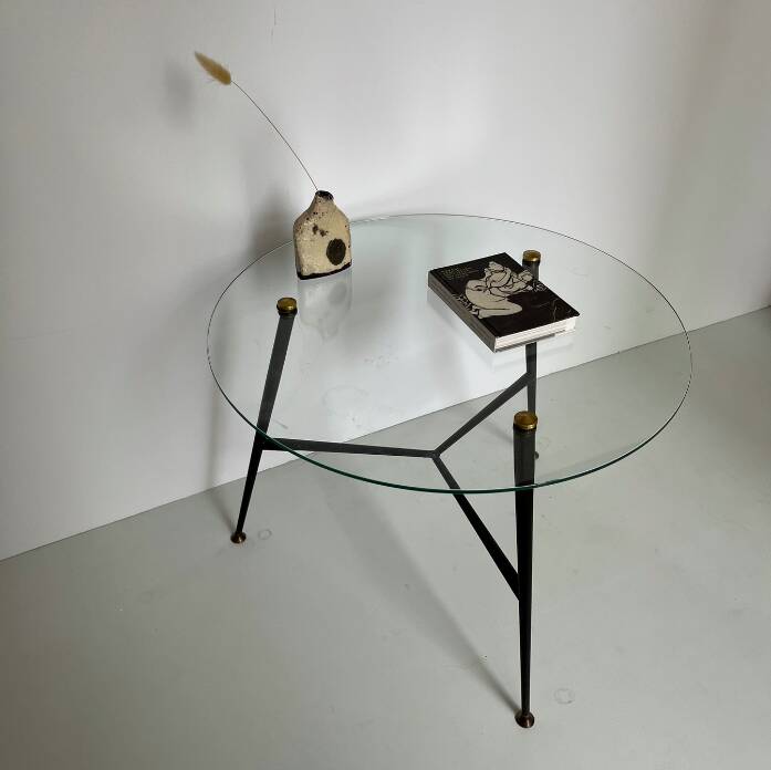 1950s Round Glass and Metal Coffee Table