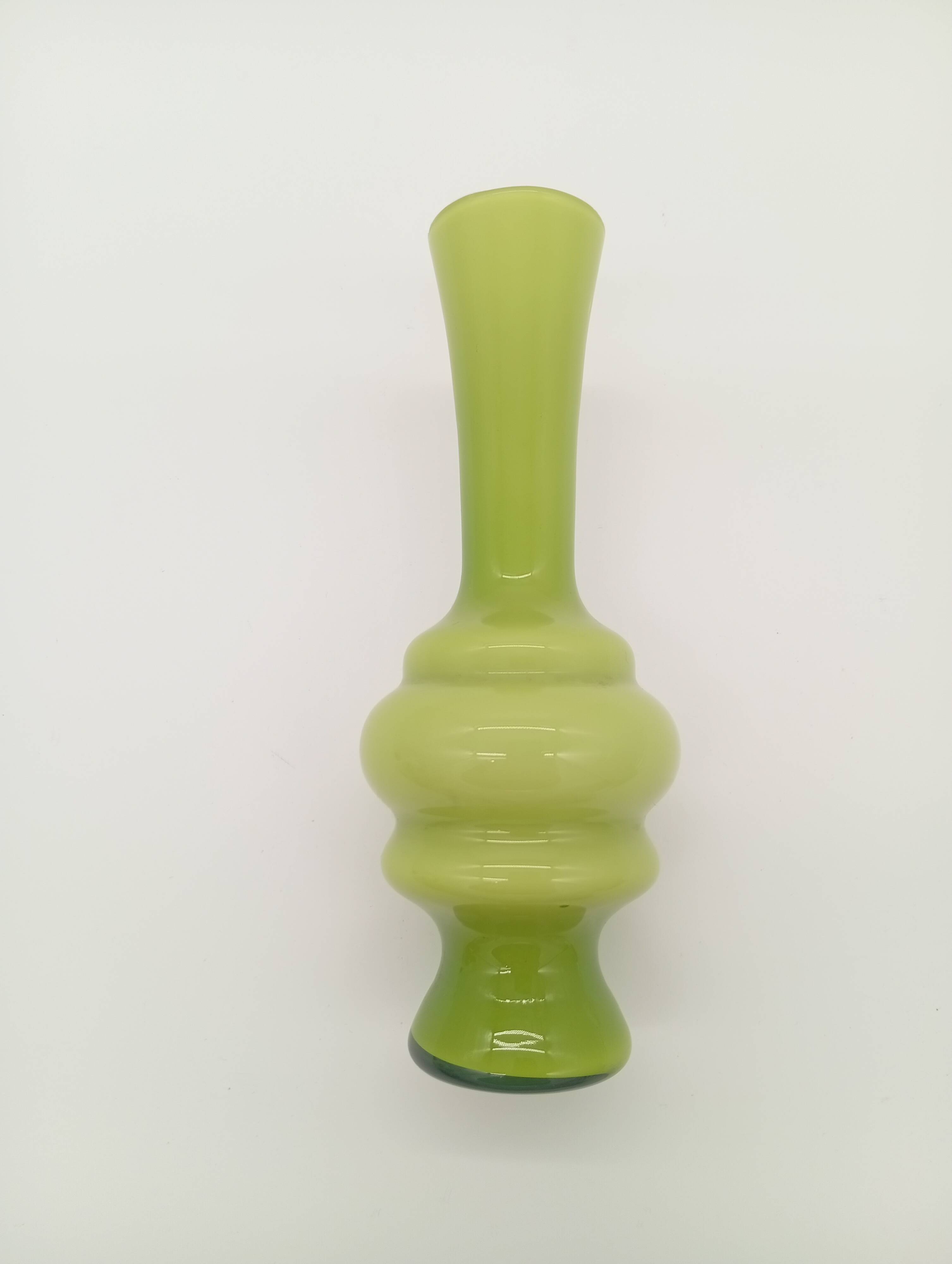 Green Ribbed Hooped Opaline Glass Vintage Space Age Vase 70s 80s Murano