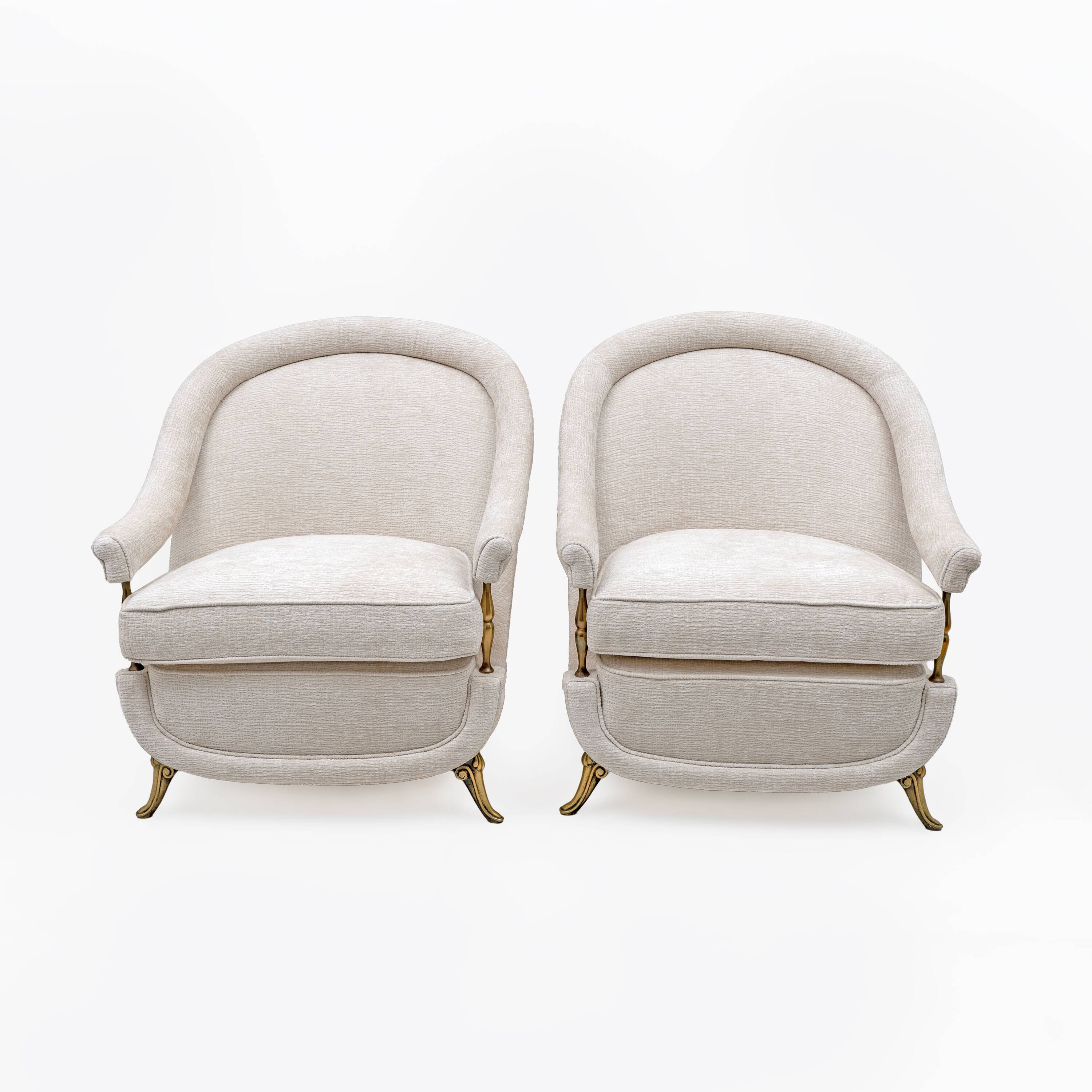 Pair of French Mid-Century Armchairs in Art Deco Style with Brass Details