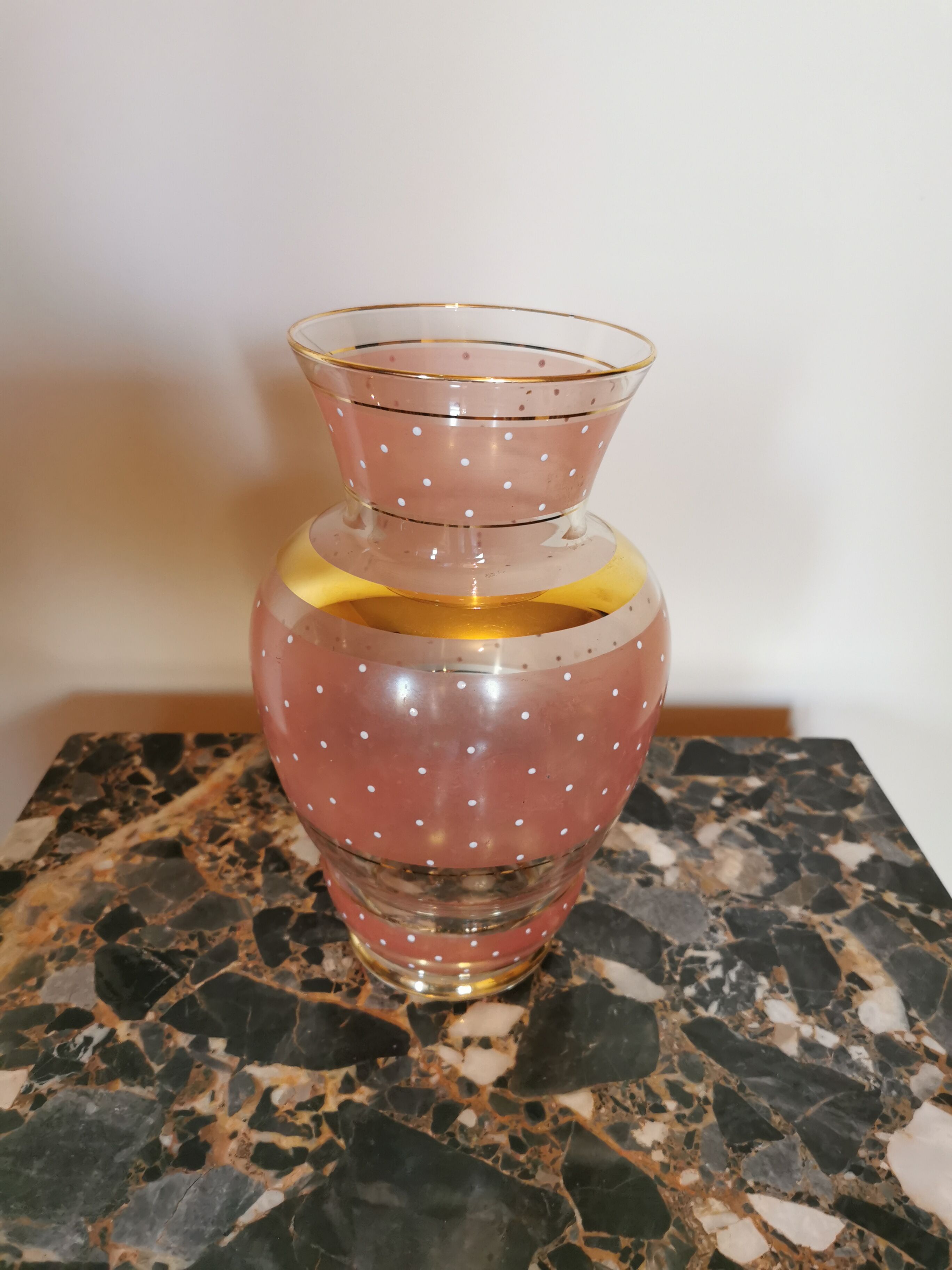 Pink vintage vase, gilded and white plumetis