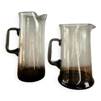 Design jugs in smoked glass with pinched neck. around 1970