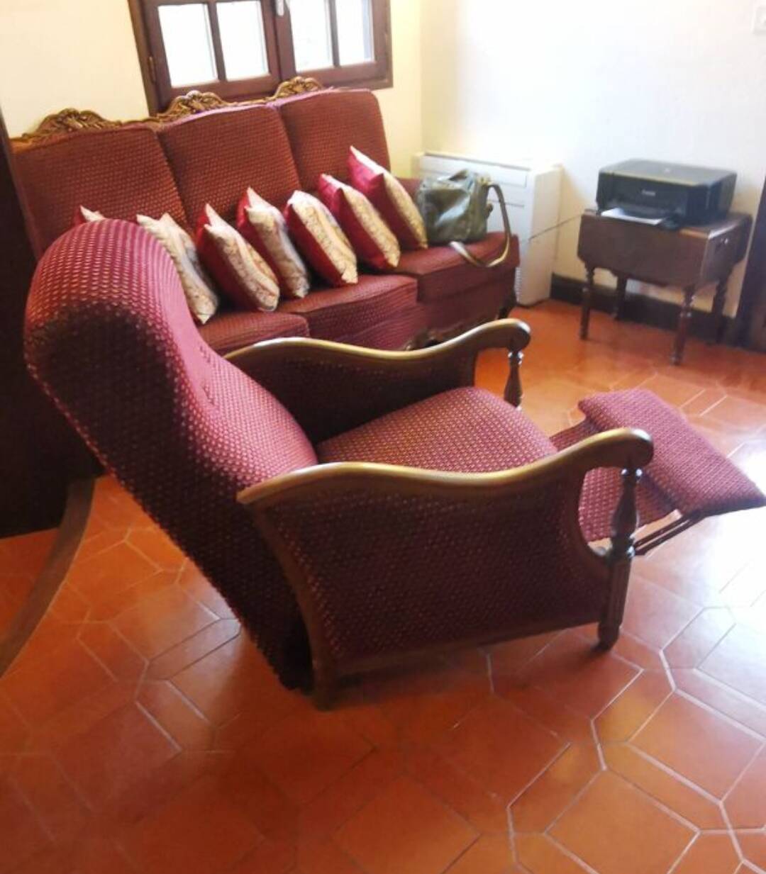 Louis XV style velvet and cherry wood reclining armchair